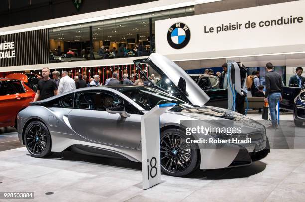 I8 is displayed at the 88th Geneva International Motor Show on March 7, 2018 in Geneva, Switzerland. Global automakers are converging on the show as...