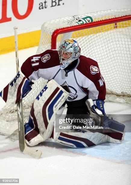 Goaltender Craig Anderson of the Colorado Avalanche defends his net against the Calgary Flames during their game on October 28, 2009 at the Pengrowth...