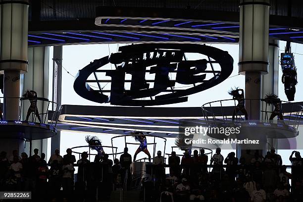 The Rhythm and Blue dancers perform during play between the Seattle Seahawks and the Dallas Cowboys at Cowboys Stadium on November 1, 2009 in...