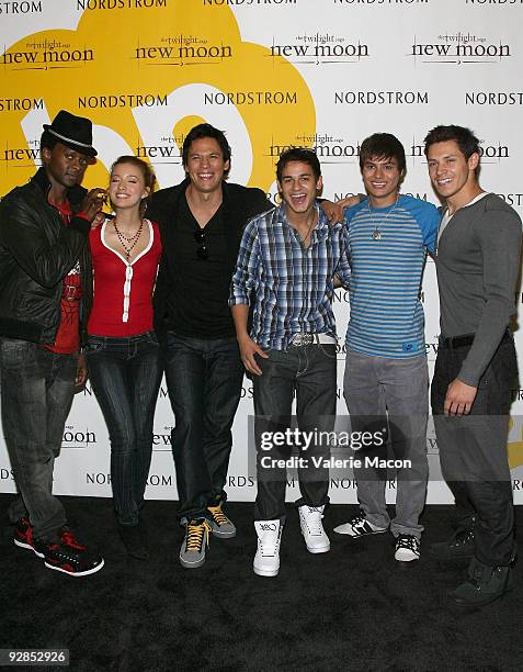 Actors Edi Gathetigi, Christian Serratos, Chaske Spencer, Bronson Pelletier, Kiowa Gordon and Alex Meraz pose at "The Twilight Saga : New Moon" Cast...