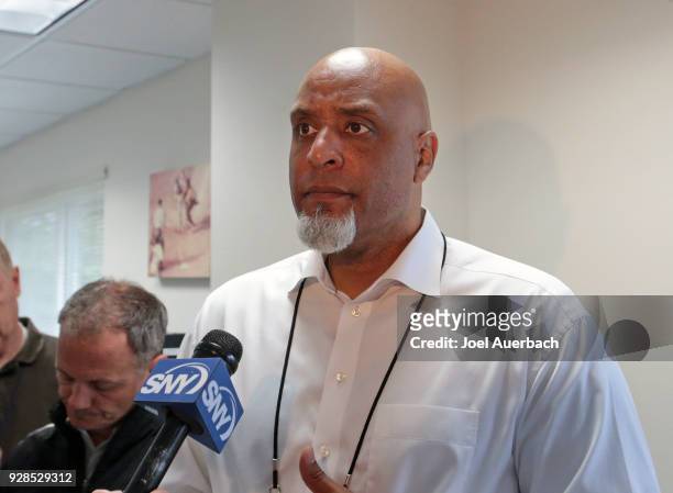Tony Clark, executive director of the Major League Baseball Players Association talks to the media prior to the spring training game between the New...