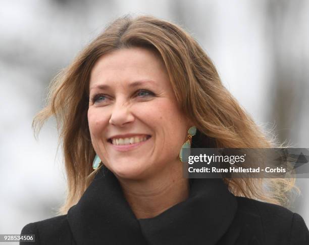 Norwegian Princess Martha Louise visits Kurland School on March 7, 2018 in Sarpsborg, Norway.