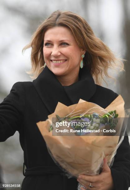 Norwegian Princess Martha Louise visits Kurland School on March 7, 2018 in Sarpsborg, Norway.