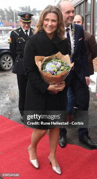 Norwegian Princess Martha Louise visits Kurland School on March 7, 2018 in Sarpsborg, Norway.