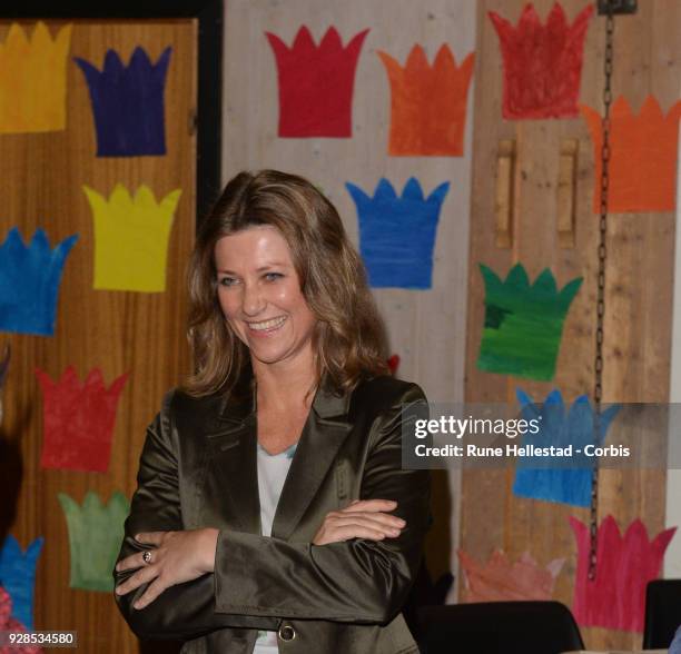 Norwegian Princess Martha Louise visits Kurland School on March 7, 2018 in Sarpsborg, Norway.