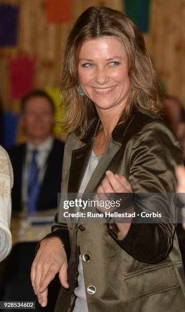 Norwegian Princess Martha Louise visits Kurland School on March 7, 2018 in Sarpsborg, Norway.