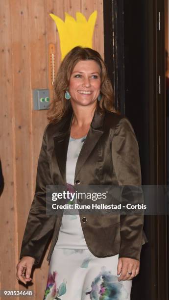 Norwegian Princess Martha Louise visits Kurland School on March 7, 2018 in Sarpsborg, Norway.