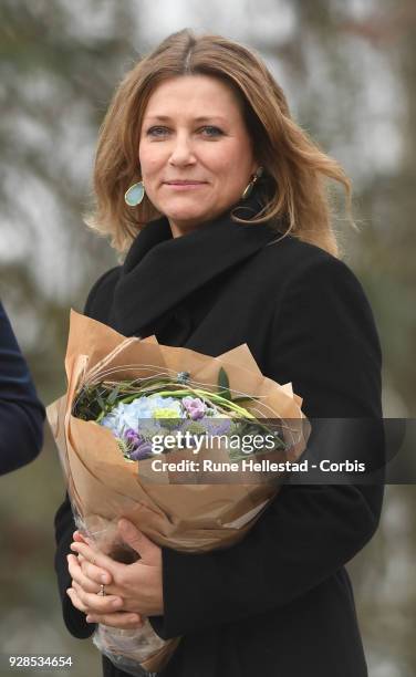 Norwegian Princess Martha Louise visits Kurland School on March 7, 2018 in Sarpsborg, Norway.