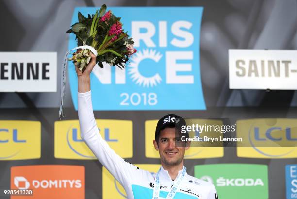 Wout Poels of Netherlands and Team Sky celebrates on the podium after the 76th Paris - Nice 2018 / Stage 4 an Individual Time Trial of 18,4km from La...