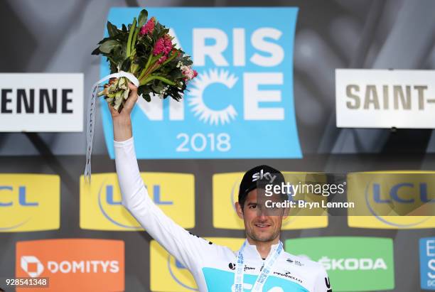 Wout Poels of Netherlands and Team Sky celebrates on the podium after the 76th Paris - Nice 2018 / Stage 4 an Individual Time Trial of 18,4km from La...