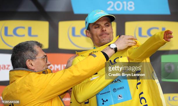 Luis Leon Sanchez of Spain and Astana Pro Team Yellow Leader Jersey celebrates on the podium during the 76th Paris - Nice 2018 / Stage 4 an...