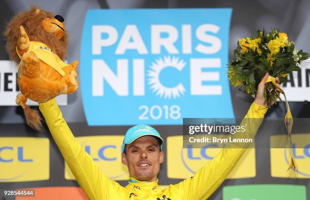 Luis Leon Sanchez of Spain and Astana Pro Team Yellow Leader Jersey celebrates on the podium during the 76th Paris - Nice 2018 / Stage 4 an...