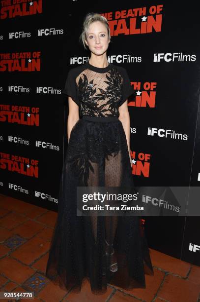 Actress Andrea Riseborough arrives to the Los Angeles premiere of IFC Films' 'The Death Of Stalin' held at The Theatre at Ace Hotel on March 6, 2018...