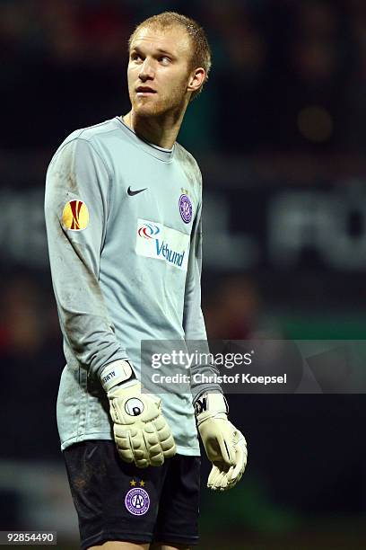 Szabolcs Safar of Austria Wien looks thoughtful during the UEFA Europa League Group L match between Werder Bremen and Austria Wien at the Weser...