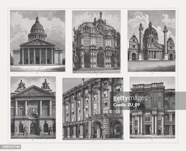 baroque and rococo architecture, wood engravings, published in 1897 - pilaster stock illustrations
