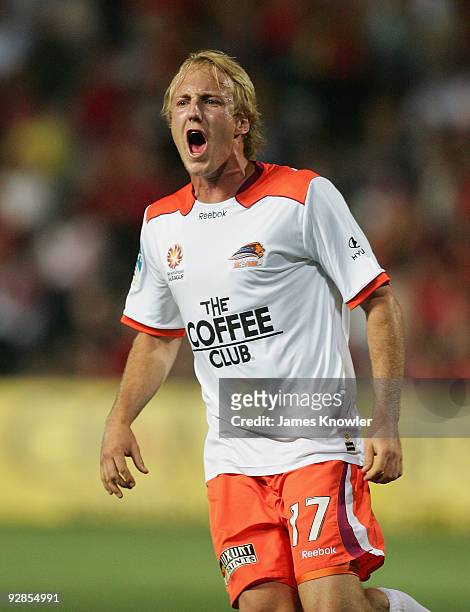 Mitch Nichols of Roar shouts after missing a goal during the round 10 A-League match between Adelaide United and Brisbane Roar at Hindmarsh Stadium...