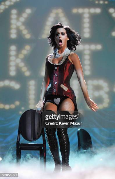 Host Katy Perry performs on stage during the 2009 MTV Europe Music Awards held at the O2 Arena on November 5, 2009 in Berlin, Germany.