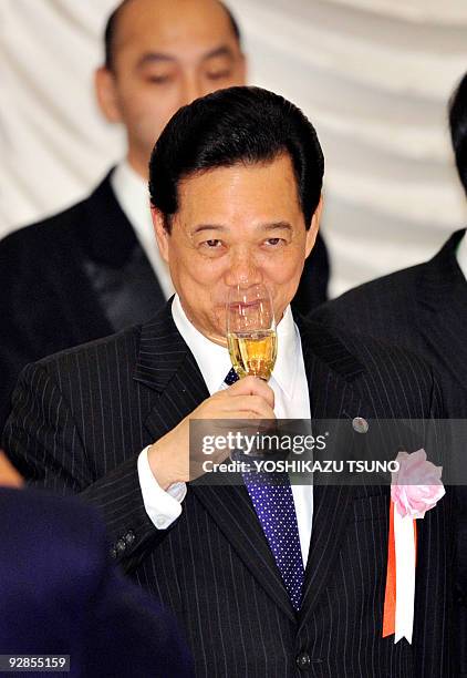 Vietnamese Prime Minister Nguyen Tan Dung toasts at a luncheon of Mekong River region leaders and Japanese business group leaders in Tokyo on...