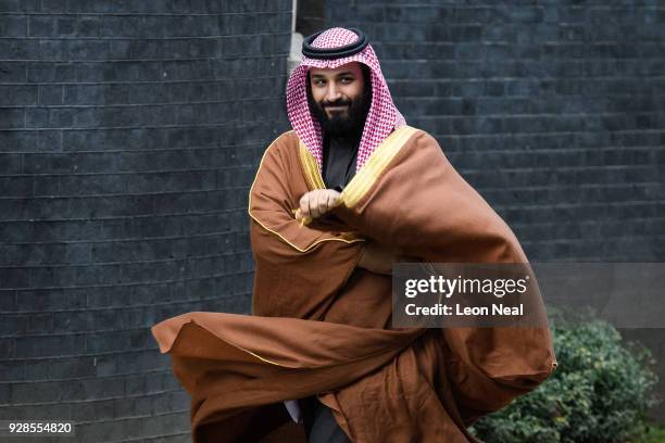 Saudi Crown Prince Mohammed bin Salman arrives for a meeting with British Prime Minister Theresa May in number 10 Downing Street on March 7, 2018 in...