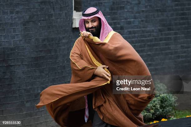 Saudi Crown Prince Mohammed bin Salman arrives for a meeting with British Prime Minister Theresa May in number 10 Downing Street on March 7, 2018 in...