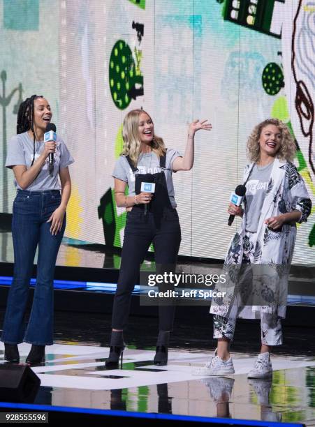 Yasmin Evans, Laura Whitmore and Becca Dudley attend 'We Day UK' at Wembley Arena on March 7, 2018 in London, England.