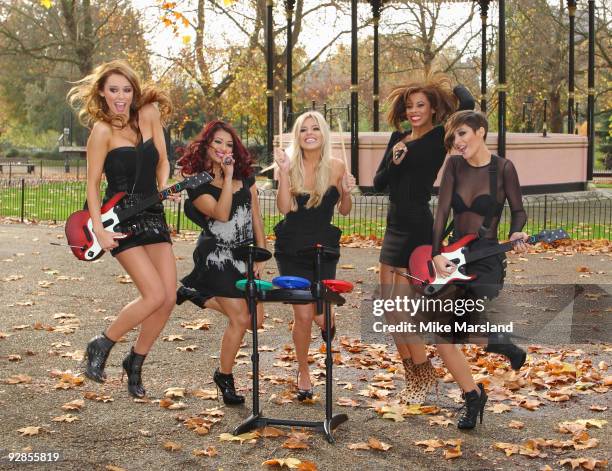 Frankie Sandford, Mollie King, Una Healy, Rochelle Wiseman and Vanessa White of The Saturdays attend photocall to launch Band Hero game for PS3, Wii...