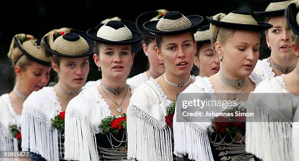 Women in traditional Bavarian dress take part in the so called Leonhardi Ride, a horse pilgrimage in honor of Saint Leonard de Noblac, on November 6,...