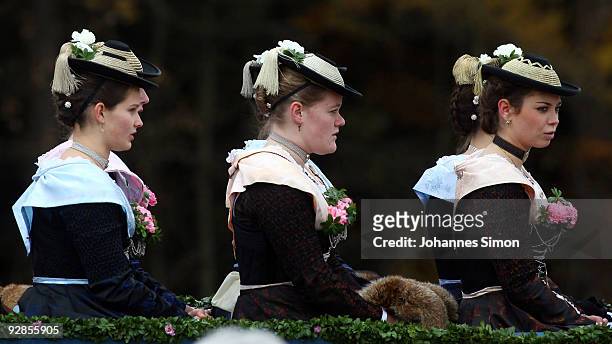 Women in traditional Bavarian dress take part in the so called Leonhardi Ride, a horse pilgrimage in honor of Saint Leonard de Noblac, on November 6,...