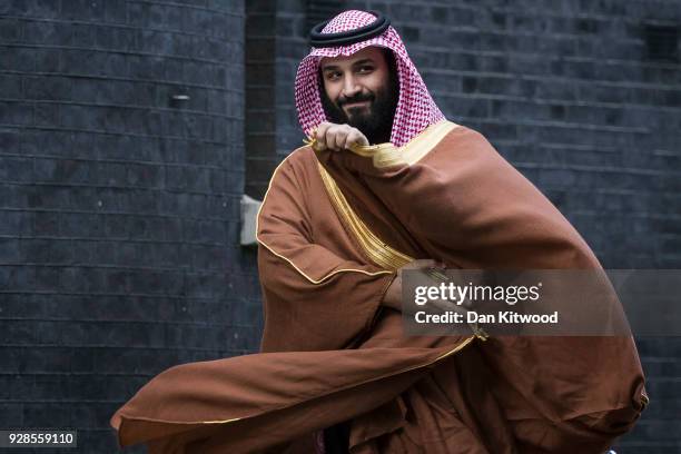 Saudi Crown Prince Mohammed bin Salman arrives to meet with British Prime Minister Theresa May on the steps of number 10 Downing Street on March 7,...