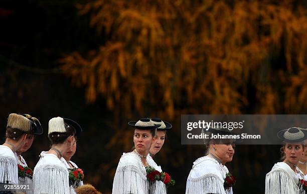 Women in traditional Bavarian dress take part in the so called Leonhardi Ride, a horse pilgrimage in honor of Saint Leonard de Noblac, on November 6,...