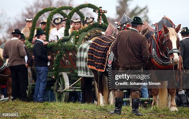 People in traditional Bavarian dress take part in the so called Leonhardi Ride, a horse pilgrimage in honor of Saint Leonard de Noblac, on November...