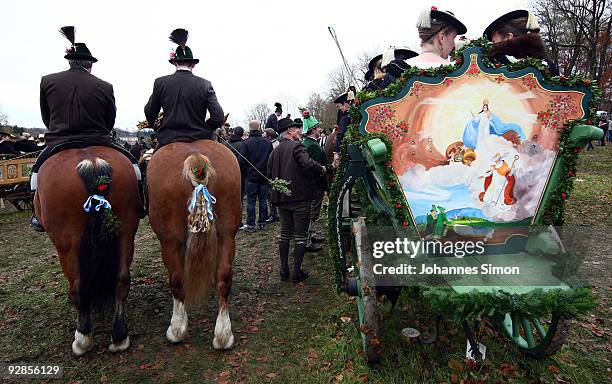 People in traditional Bavarian dress take part in the so called Leonhardi Ride, a horse pilgrimage in honor of Saint Leonard de Noblac, on November...