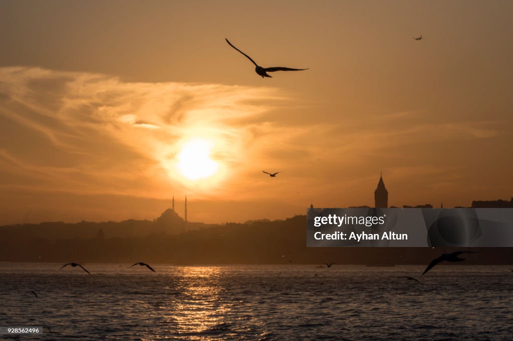 The Galata Tower at sunset,Beyoglu District of Istanbul,Turkey