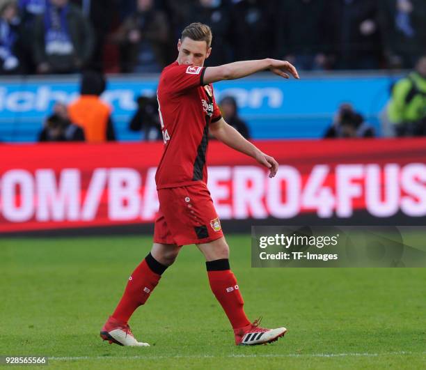 Dominik Kohr of Leverkusen leaves the field during the Bundesliga match between Bayer 04 Leverkusen and FC Schalke 04 at BayArena on February 25,...