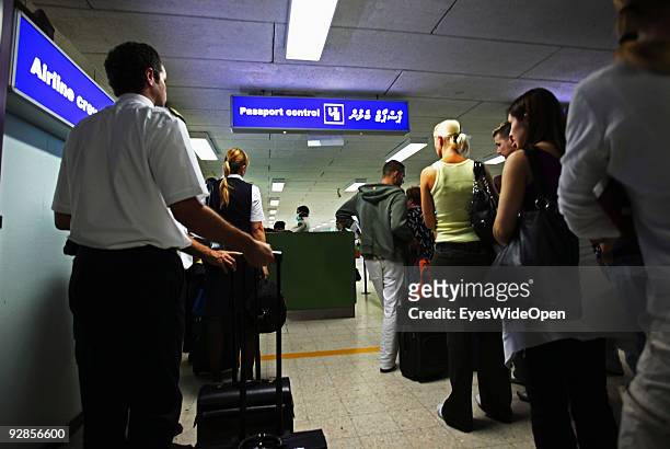 Security check and passport control at Passenger departure and arrival at Male International Airport on September 27, 2009 in Male, Maldives. The...