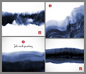Set of blue ink wash painting textures on white background. Vector illustration. Contains hieroglyphs - double luck, clarity.