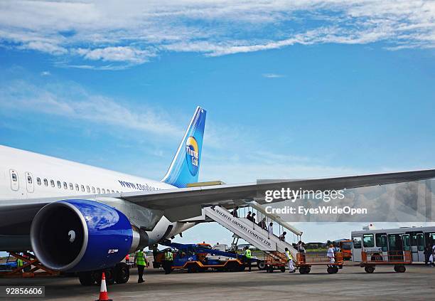Condor, a German airline and passenger jet at departure and arrival at Male International Airport on September 27, 2009 in Male, Maldives. The...