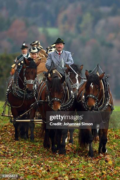 People in traditional Bavarian dress take part in the so called Leonhardi Ride, a horse pilgrimage in honor of Saint Leonard de Noblac, on November...