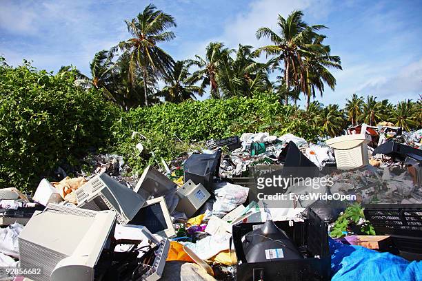 Garbage dump and recycling area on September 27, 2009 on Hitaddu Island, Maldives.The maldive islands consist of around 1100 islands and 400,000...