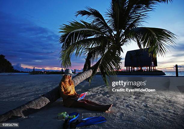 Woman sitting on Villingili beach, working with a notebook and mobile phone, surfing in the internet. The island is owned by the luxurious...