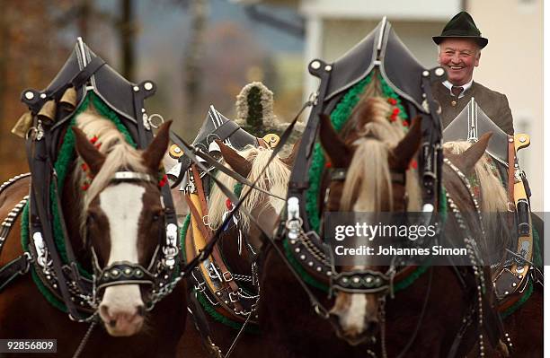 People in traditional Bavarian dress take part in the so called Leonhardi Ride, a horse pilgrimage in honor of Saint Leonard de Noblac, on November...