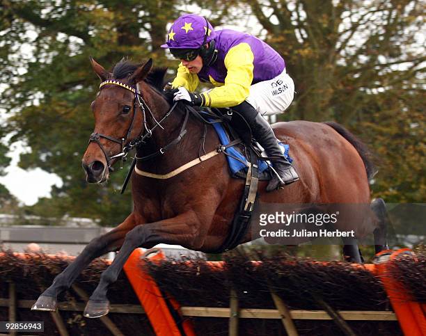 Peter Toole and Dot's Delight clear the last flight to go on and win the John Smith's Conditional Jockeys Novices Hurdle Race run at Fontwell...