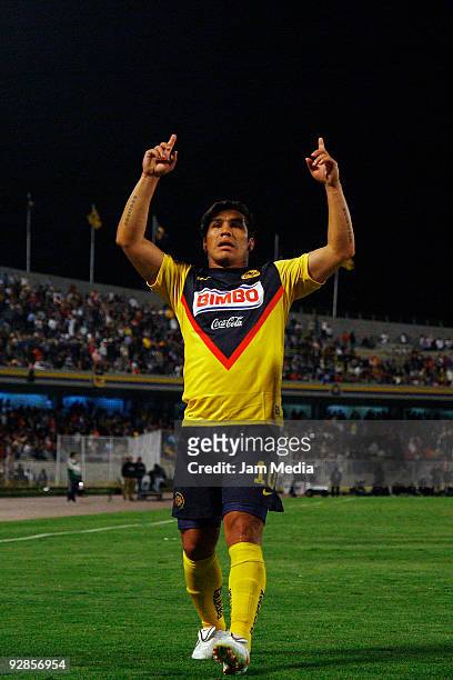 Salvador Cabanas of Aguilas del America celebrates after scoring a goal against Pumas UNAM in a Mexican league Apertura 2009 soccer match at the...