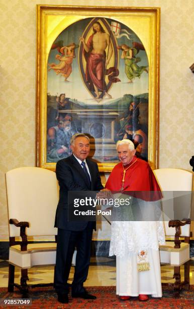 Pope Benedict XVI and President of Kazakhstan Nursultan Nazarbayev meet at his private library on November 6, 2009 in Vatican City.