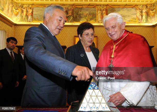 Pope Benedict XVI and President of Kazakhstan Nursultan Nazarbayev meet at his private library on November 6, 2009 in Vatican City.