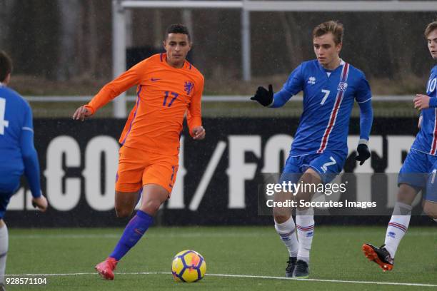 Mohammed Ihattaren of Holland U17, Johann Arni Gunnarsson of Iceland U17 during the match between Holland U17 v Iceland U17 at the Sportpark De...