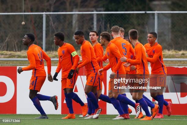 Daishawn Redan of Holland U17 celebrates 1-0 with Christopher Mamengi of Holland U17, Jurrien Maduro of Holland U17, Enric Liansana of Holland U17,...