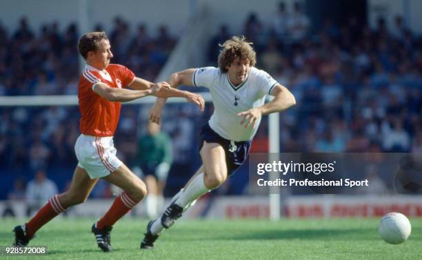 John McGovern of Nottingham Forest closes down Gerry Armstrong of Tottenham Hotspur during a Football League Division One match at White Hart Lane on...