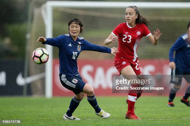 Mizuho Sakaguchi of Japan Women, Julia Grosso of Canada Women during the Algarve Cup Women match between Canada v Japan at the Complexo Desprtivo...