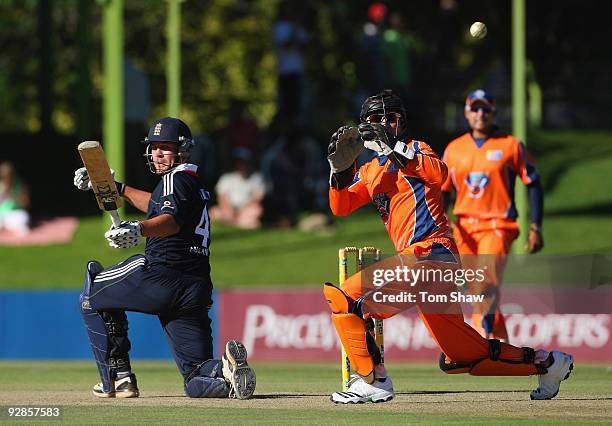 Jonathan Trott of England hits out during the tour match between the Diamond Eagles and England at the Outsurance Oval on November 6, 2009 in...